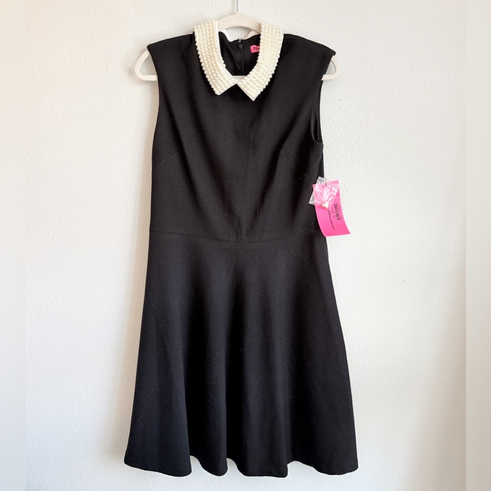 Betsey Johnson Black Sleeveless Fit & Flare Dress with Pearl Collar | Size 12
